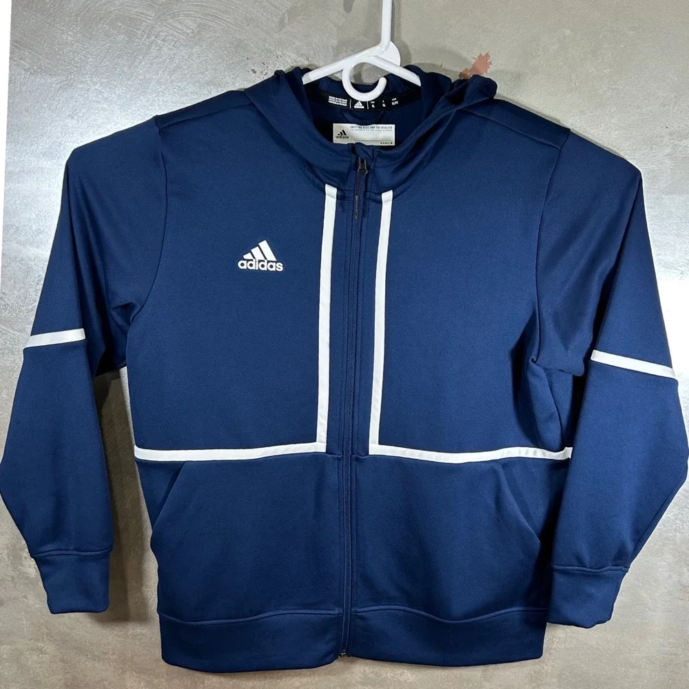 Adidas Mens XL Navy Blue Full Zip Hooded Track Jacket White Piping Athletic EUC